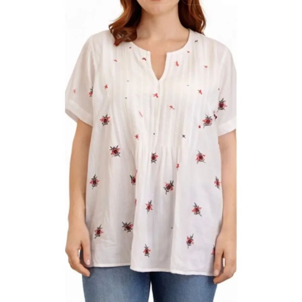 Orvis white cotton pleated embroidered floral blouse XL